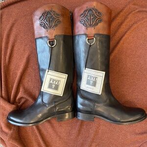 NEW! Frye Melissa Logo Riding Black/Brown Genuine Leather Boots- Custom zippers